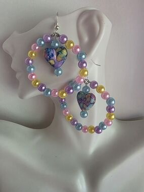 Pastel Heart Bead Hoop Earrings - Multicolor
